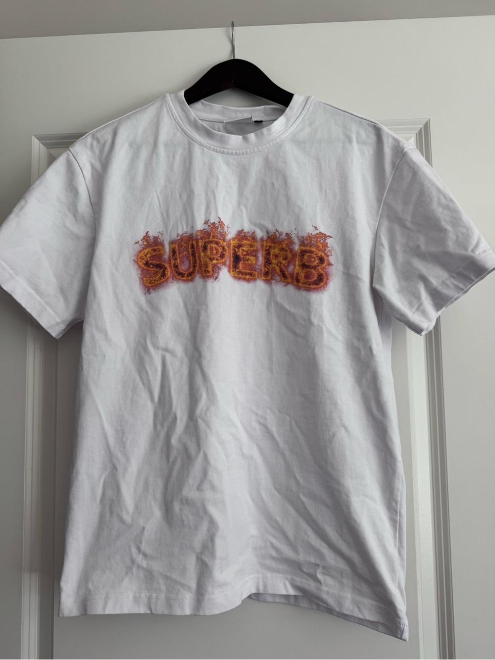 Unisex Streetwear White Short‑Sleeve Tee with Orange and Red 'SUPERB' Graphic